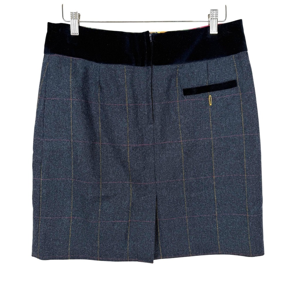 Joules Pevensey Skirt Women 8 Navy Wool Herringbone Plaid Velvet Trim Mini‎
